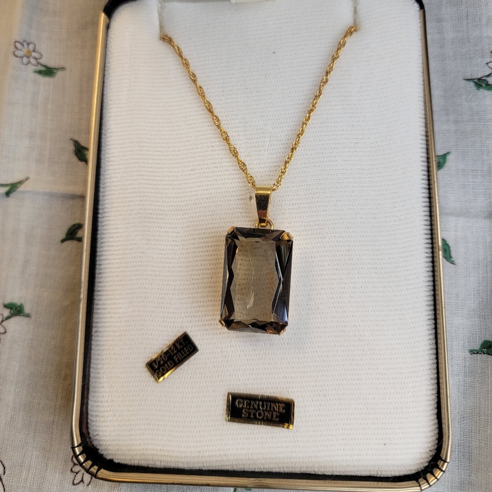 Vintage Smoky Quartz Rectangle Pendant Necklace